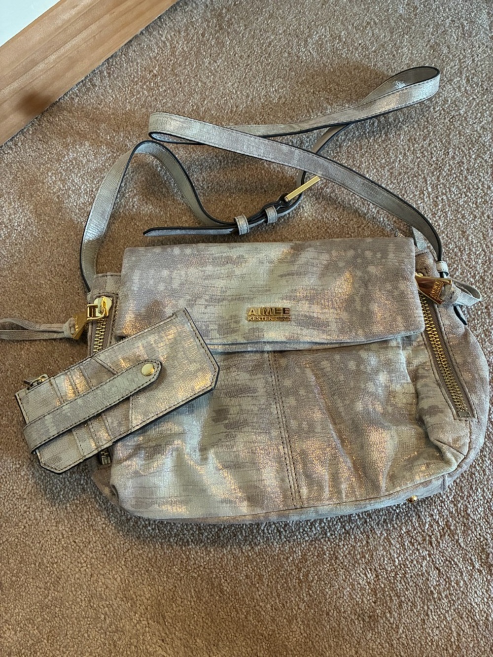 Aimee Kestenberg Metallic Pewter Crossbody Bag with Detachable Pouch